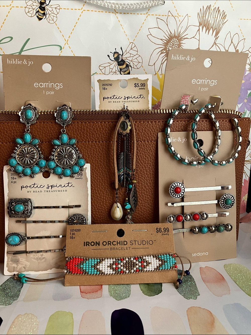 Turquoise &Silver-Tone Earring Set, 8 Unique Hair Pins, Bracelet& Bead Jewelry